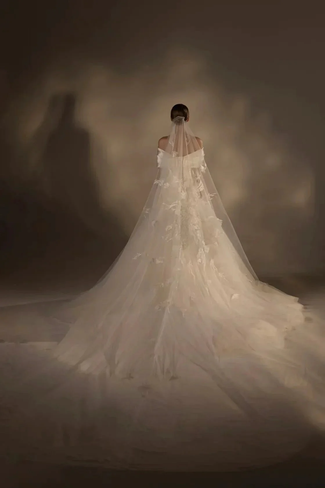 Gorgeous Long Ball Gown Off-the-Shoulder Satin & Tulle Wedding Dress with 3D Embroidery & Cathedral Train Q6013 - Image 5