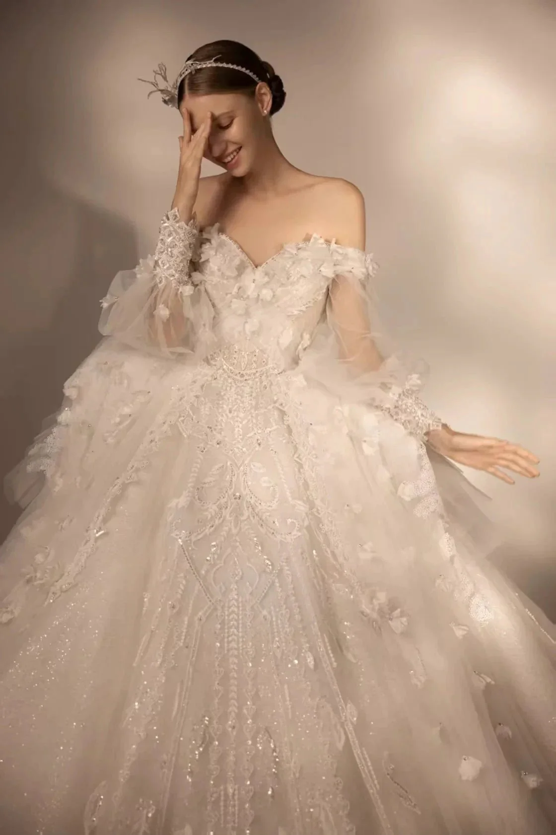 Gorgeous Long Ball Gown Off-the-Shoulder Tulle Wedding Dress with 3D Floral & Crystal Embroidery & Cathedral Train H009 - Image 2