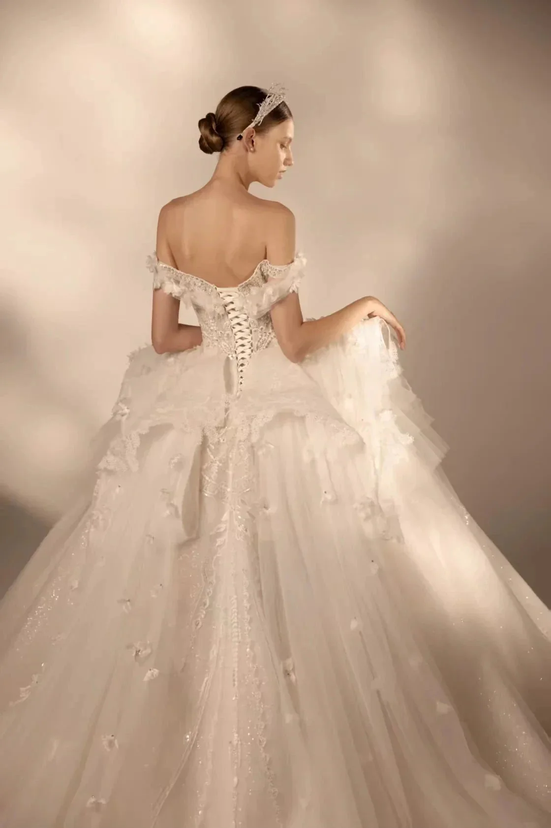 Gorgeous Long Ball Gown Off-the-Shoulder Tulle Wedding Dress with 3D Floral & Crystal Embroidery & Cathedral Train H009 - Image 3