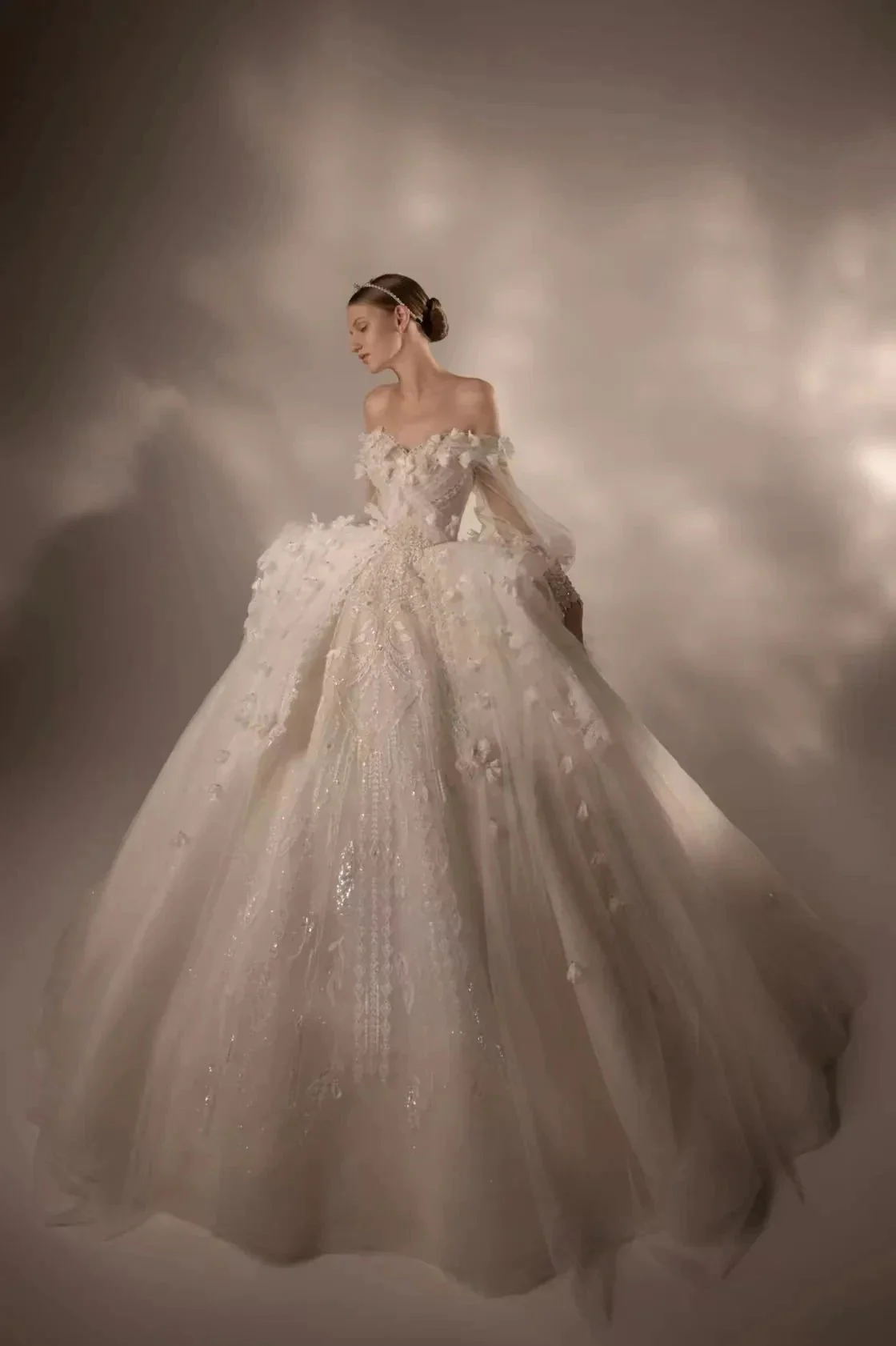 Gorgeous Long Ball Gown Off-the-Shoulder Tulle Wedding Dress with 3D Floral & Crystal Embroidery & Cathedral Train H009 - Image 4