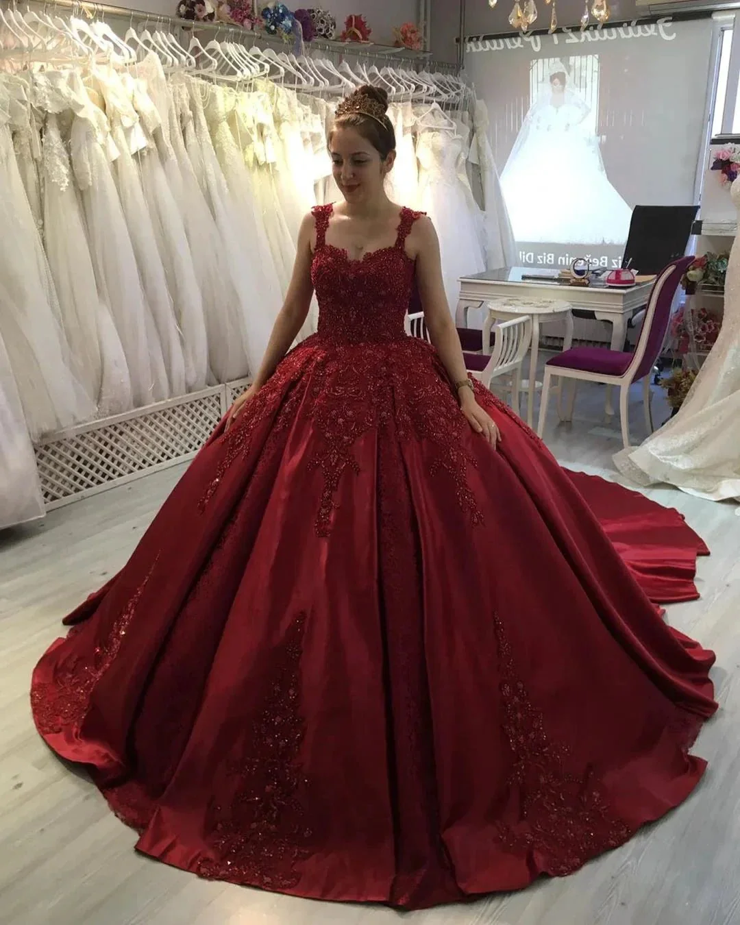 Gorgeous Long Ball Gown Sweetheart Appliques Lace Satin Prom Dress - Image 2