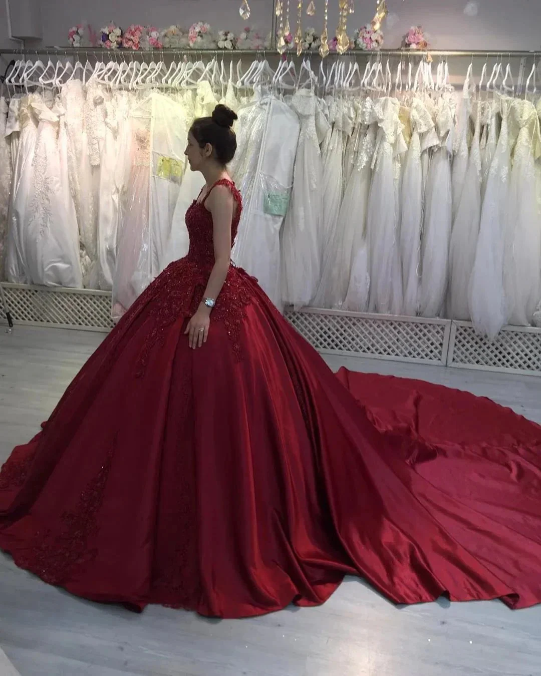 Gorgeous Long Ball Gown Sweetheart Appliques Lace Satin Prom Dress - Image 3