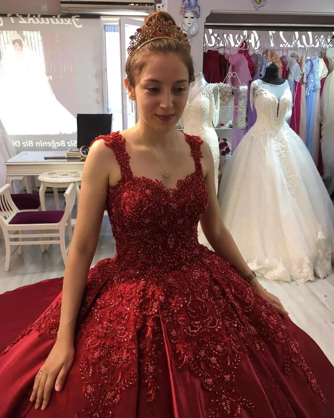 Gorgeous Long Ball Gown Sweetheart Appliques Lace Satin Prom Dress - Image 4