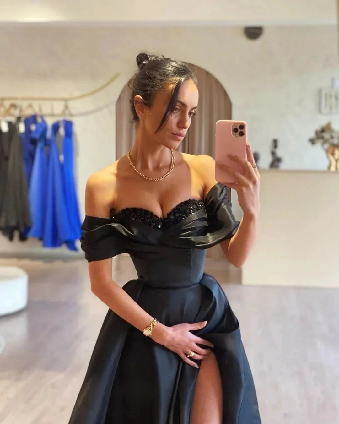 Gorgeous Long Black A-line Off-the-shoulder Beading Prom Dress With Slit - Image 2