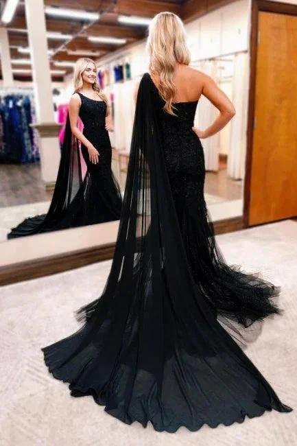 Gorgeous Long Black One Shoulder Mermaid Glitter Prom Dress With Lace - Image 2