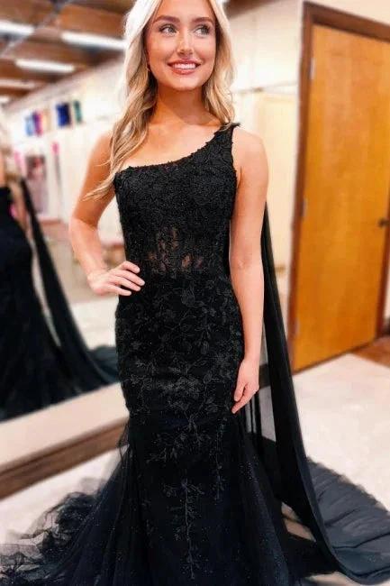 Gorgeous Long Black One Shoulder Mermaid Glitter Prom Dress With Lace - Image 3