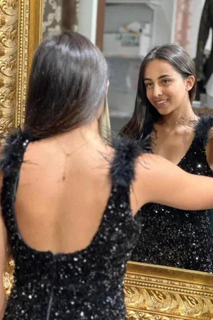 Gorgeous Long Black V-neck Split Sleeveless Mermaid Evening Dresses With Glitter - Image 3