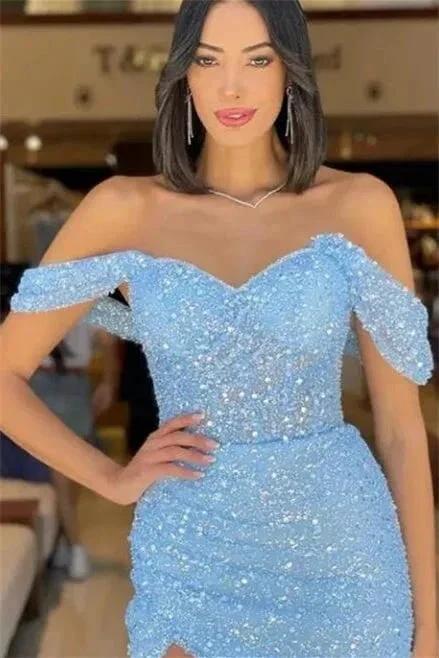 Gorgeous Long Blue Mermaid Off-the-shoulder Sequined Sleeveless Prom Dress With Slit - Image 2