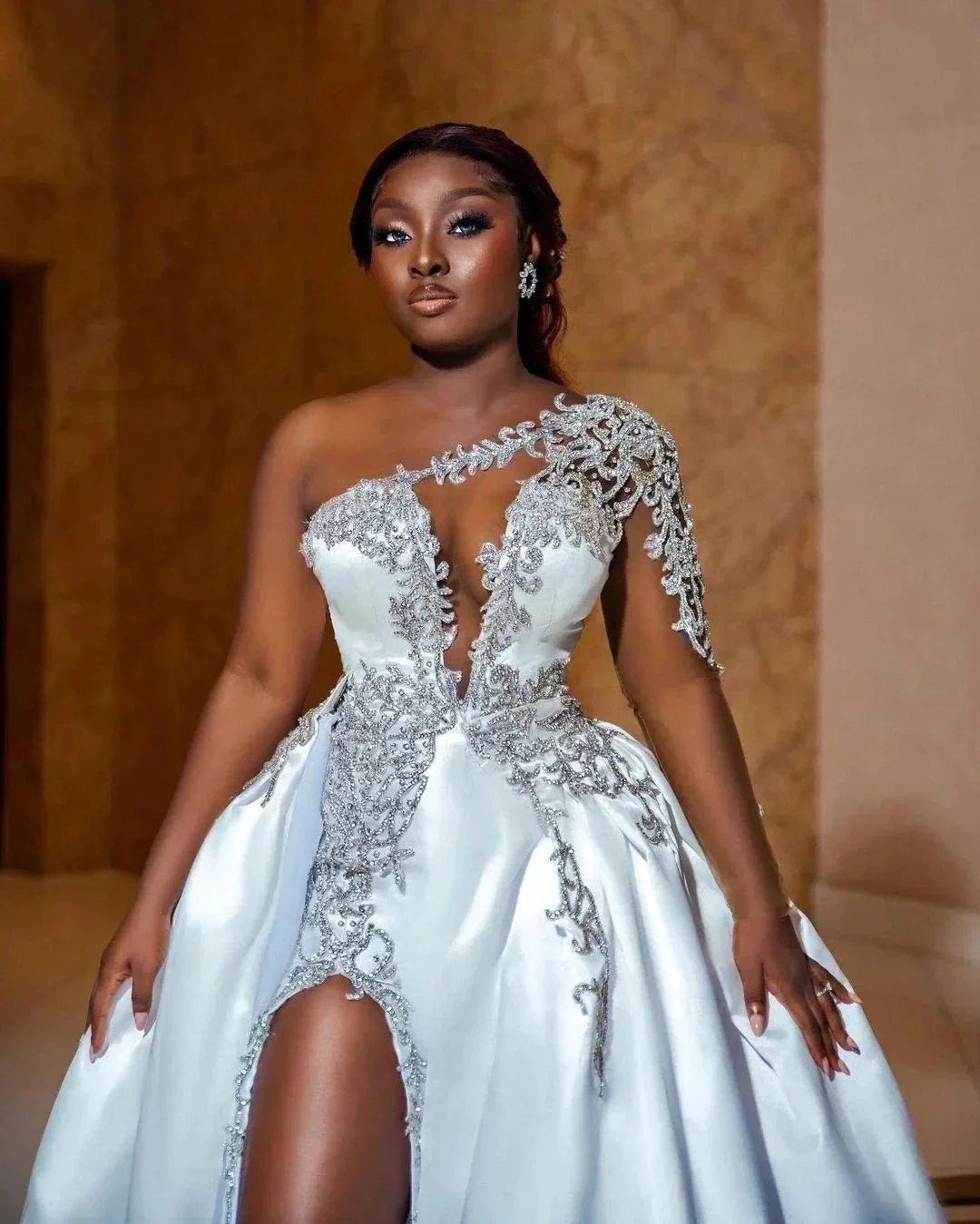 Gorgeous Long A-line One Shoulder Beading Wedding Dress With Slit - Image 2