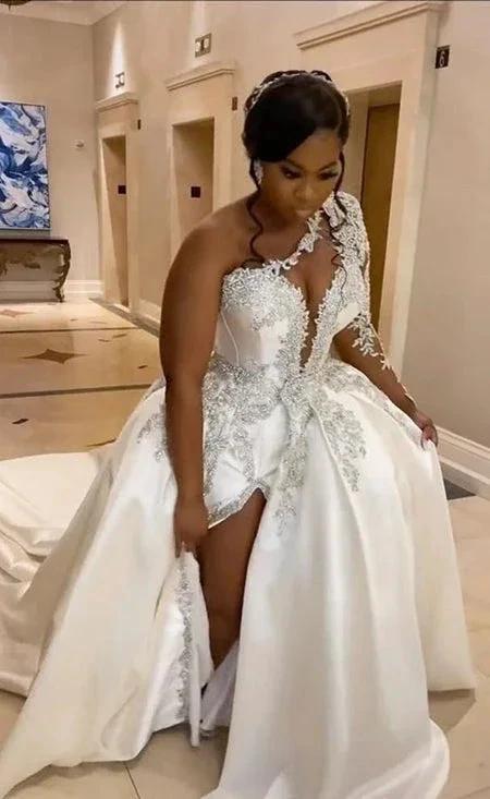 Gorgeous Long A-line One Shoulder Beading Wedding Dress With Slit - Image 5