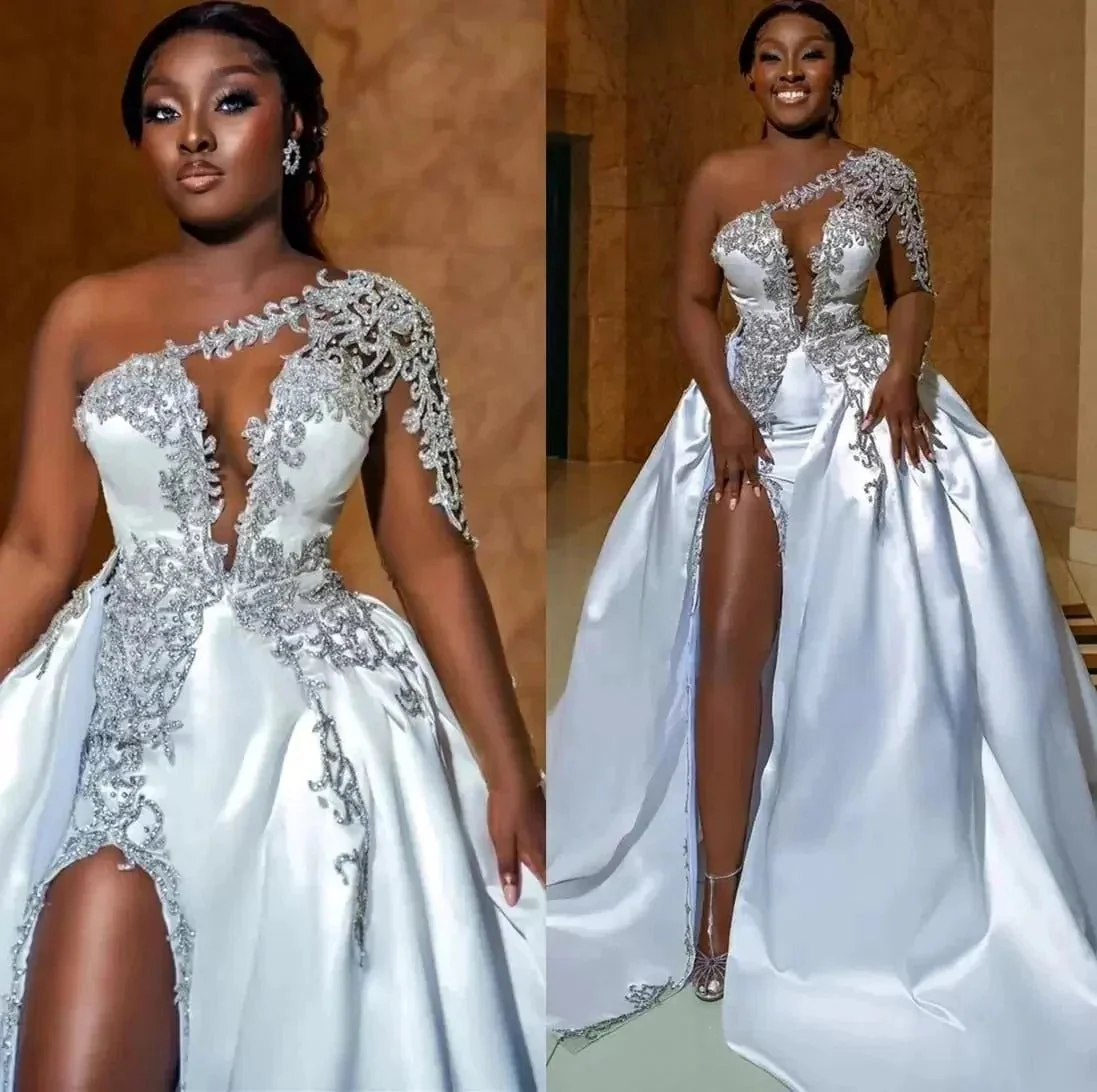 Gorgeous Long A-line One Shoulder Beading Wedding Dress With Slit - Image 6