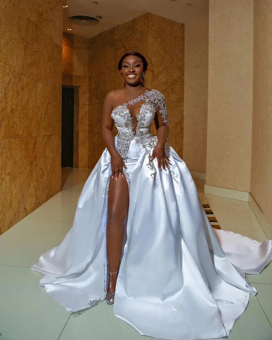 Gorgeous Long A-line One Shoulder Beading Wedding Dress With Slit - Image 7