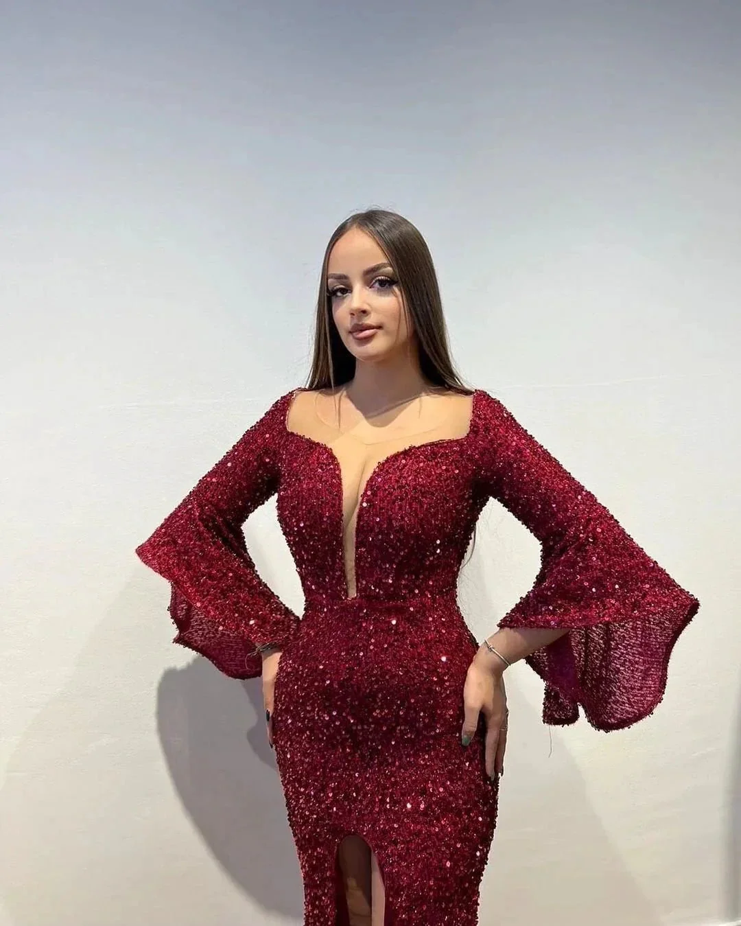 Gorgeous Long Burgundy Sequined Split Front Prom Dress With Long Sleeves - Image 2