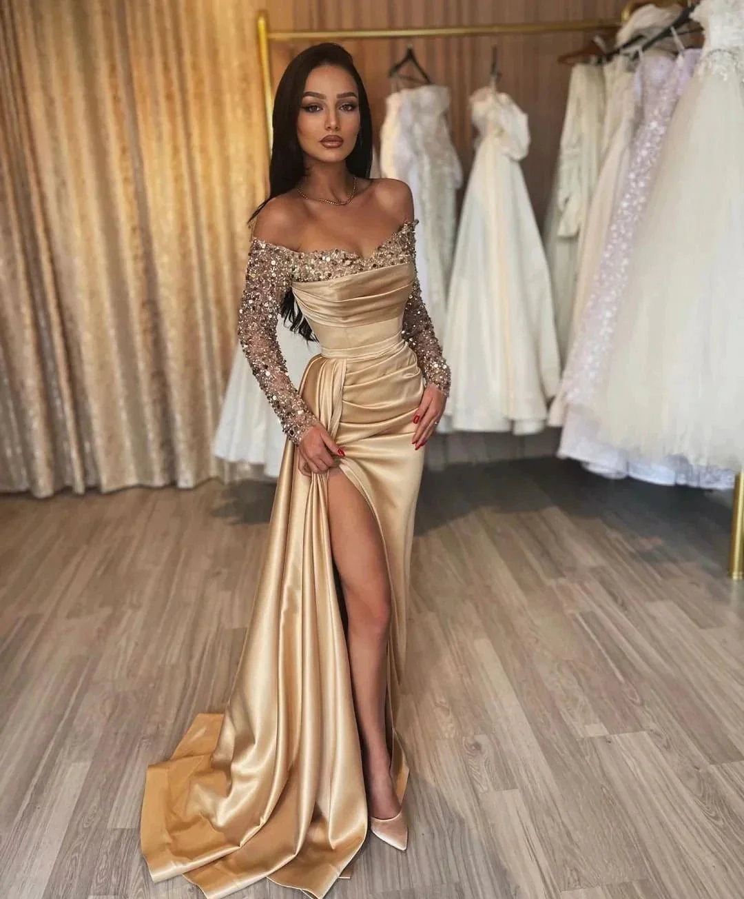 Gorgeous Long Champagne Off-the-shoulder Sequined Split Prom Dress With Long Sleeves - Image 2