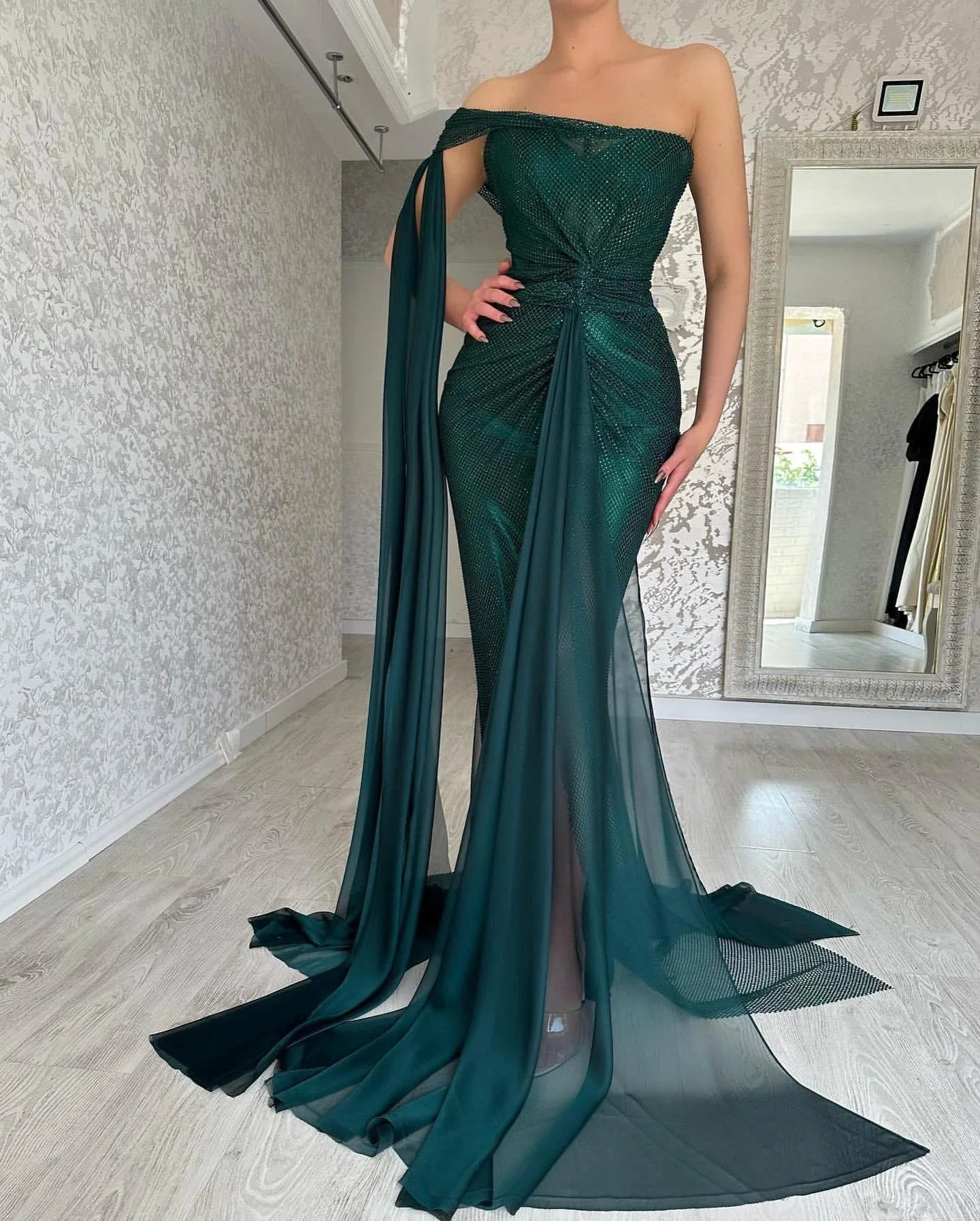 Gorgeous Long Dark Green Mermaid Sleeveless Prom Dresses With Slit - Image 5