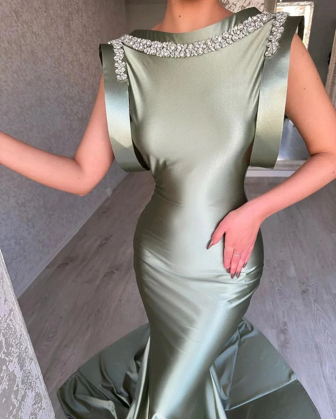 Gorgeous Long Dusty Sage Mermaid Sleeveless Satin Prom Dress With Rhinestones - Image 2