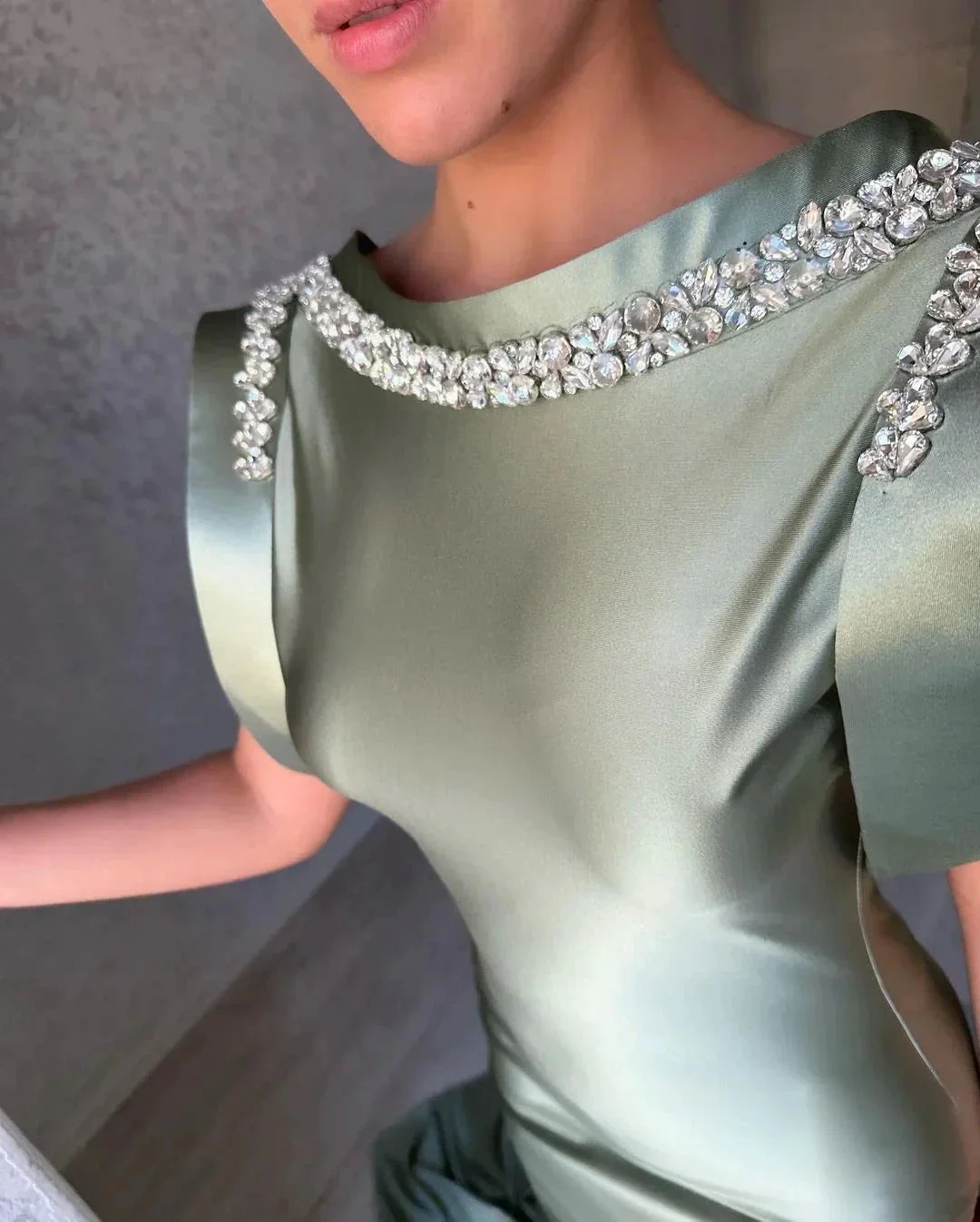 Gorgeous Long Dusty Sage Mermaid Sleeveless Satin Prom Dress With Rhinestones - Image 3