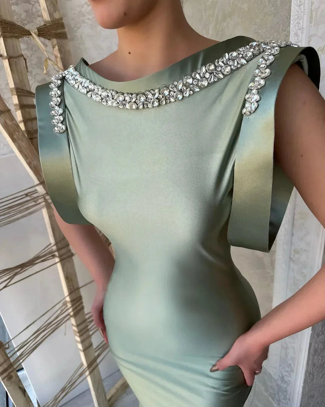 Gorgeous Long Dusty Sage Mermaid Sleeveless Satin Prom Dress With Rhinestones - Image 4