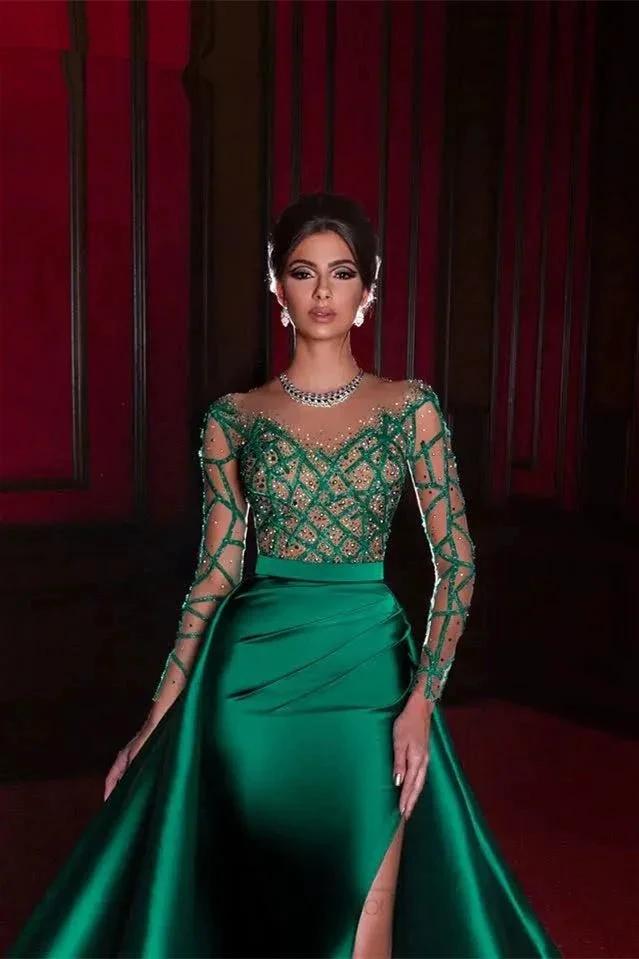 Gorgeous Long Emerald Beading Lace Split Prom dress With Long Sleeves - Image 2