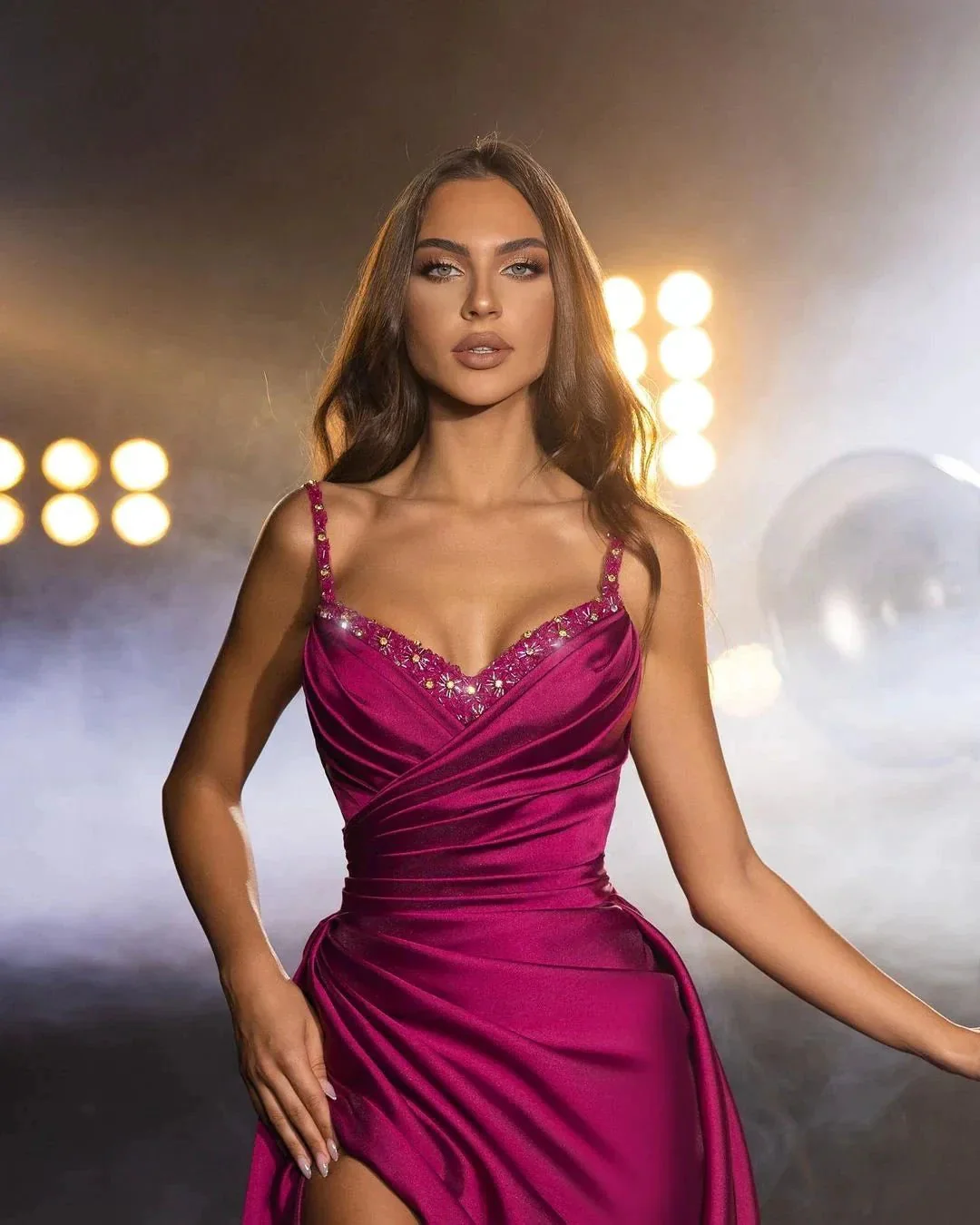 Gorgeous Long Fuchsia Straps Beading Sleeveless Pleated Prom Dress With Slit - Image 2