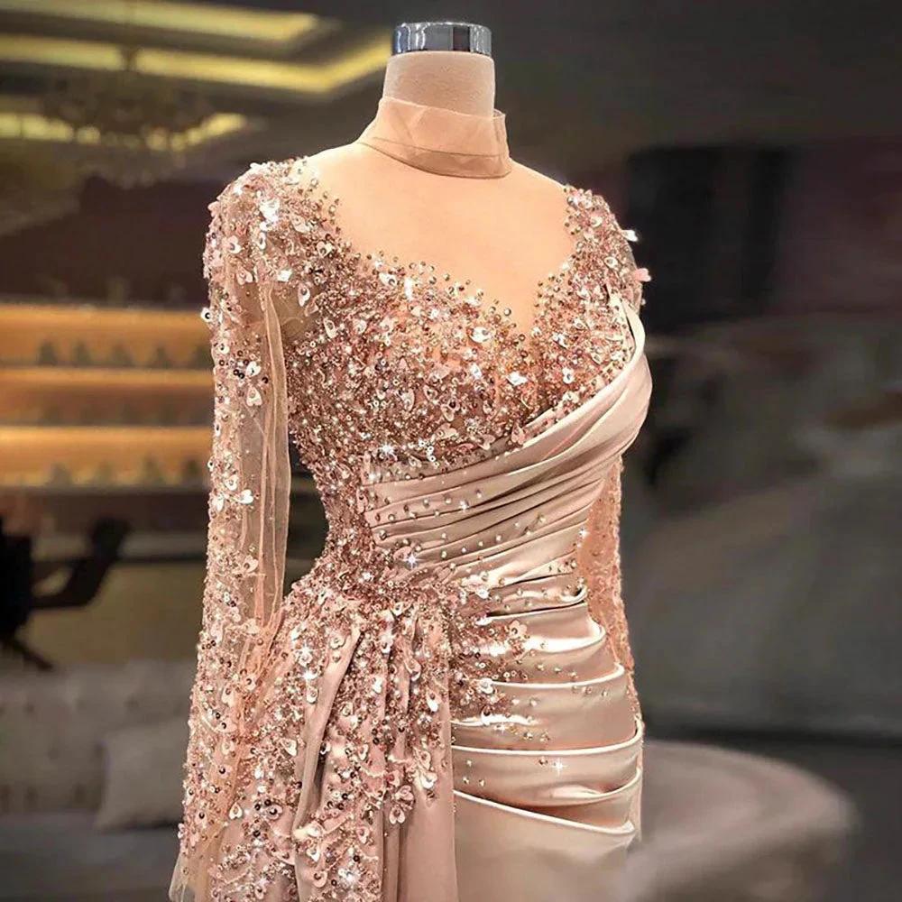 Gorgeous Long High Neck Beading Sequined Prom Dress With Long Sleeves - Image 2