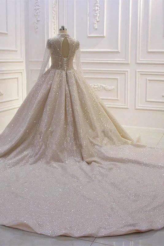 Gorgeous Long High neck Sequin Satin Ball Gown Wedding Dress with Sleeves - Image 2