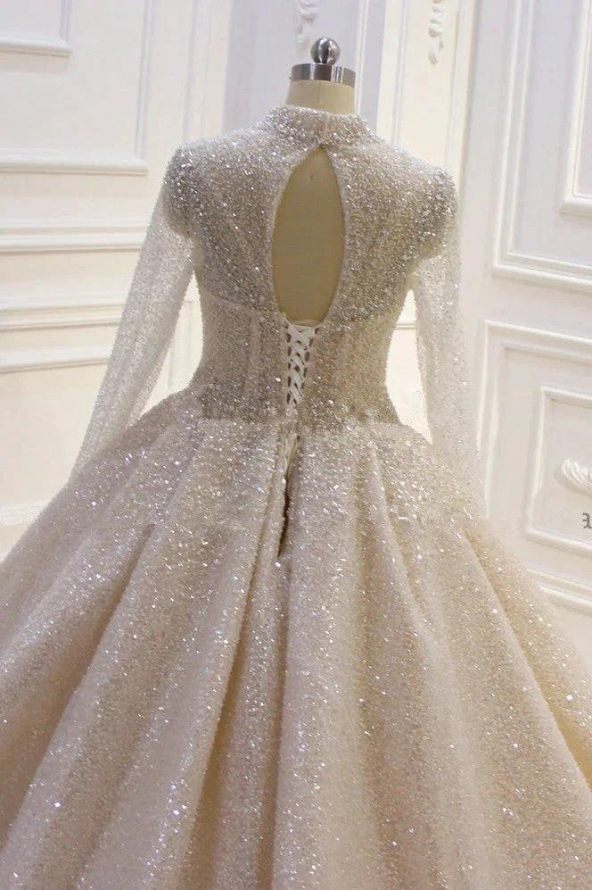 Gorgeous Long High neck Sequin Satin Ball Gown Wedding Dress with Sleeves - Image 3