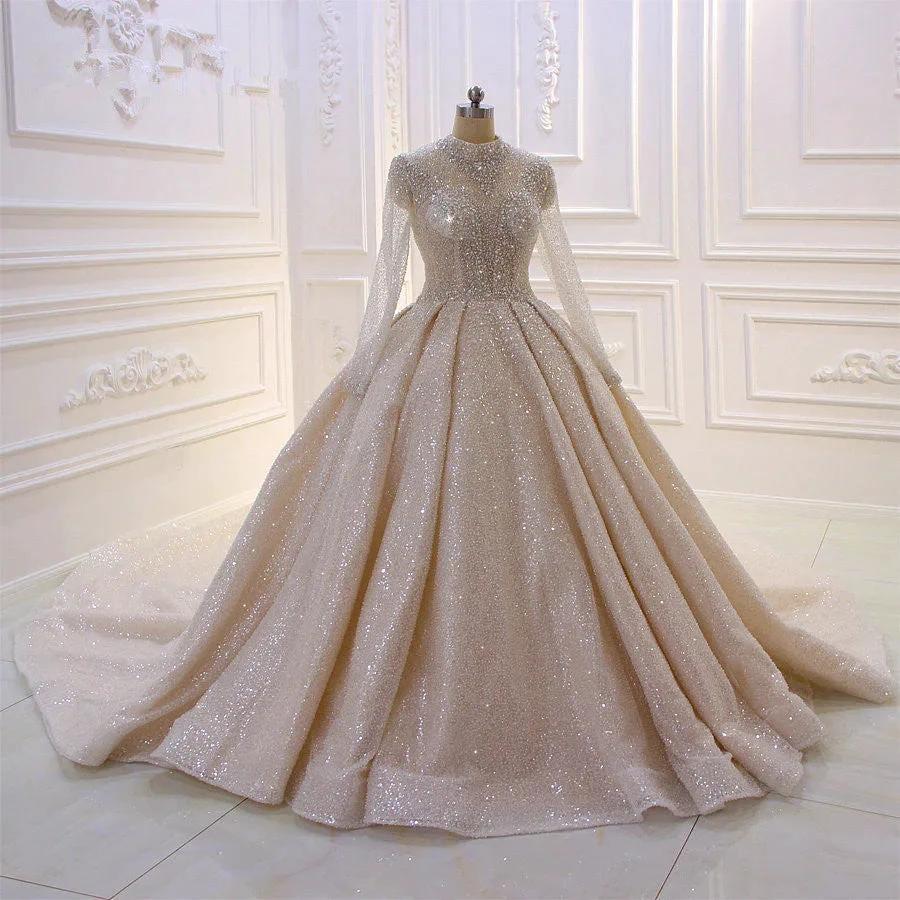 Gorgeous Long High neck Sequin Satin Ball Gown Wedding Dress with Sleeves - Image 4