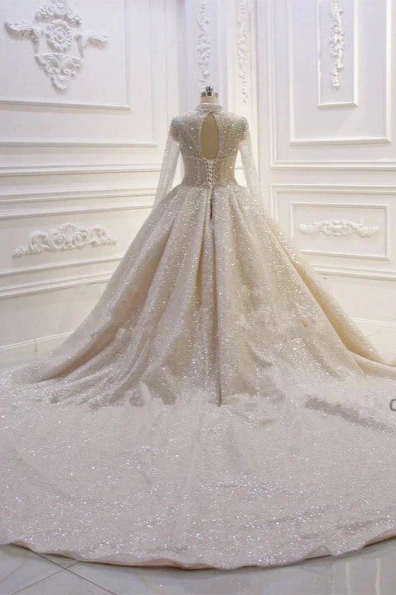 Gorgeous Long High neck Sequin Satin Ball Gown Wedding Dress with Sleeves - Image 5