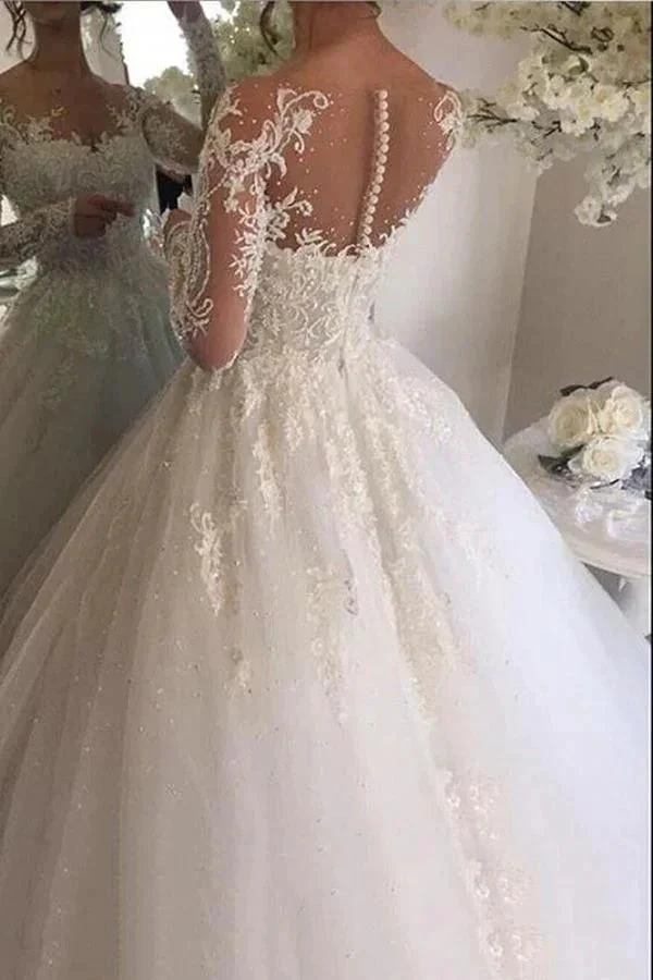 Gorgeous Long Ivory A-line Tulle Lace Wedding Dresses with Sleeves - Image 2