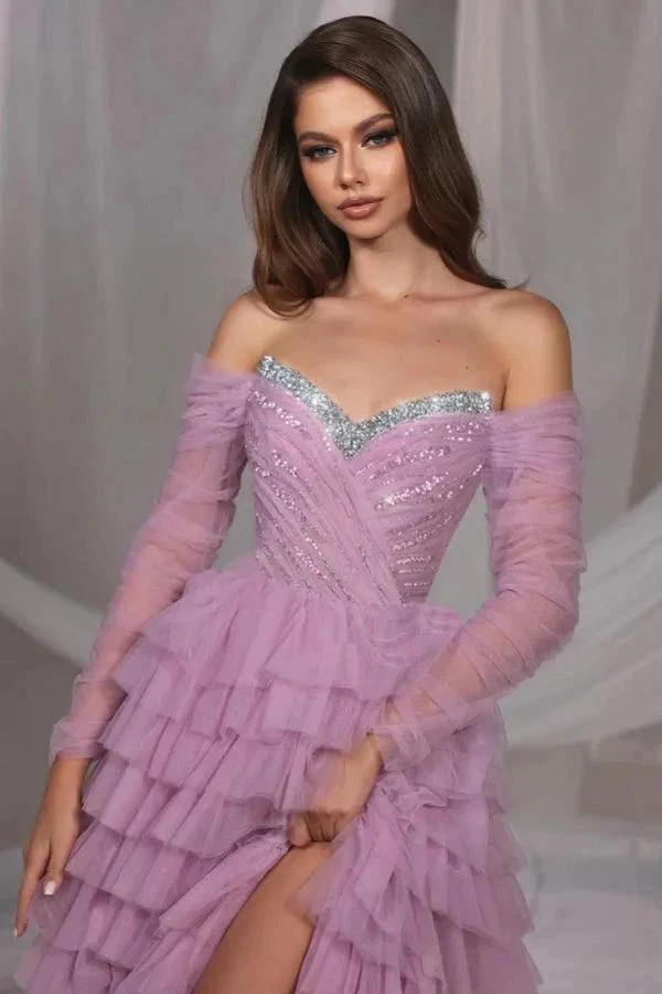 Gorgeous Long Lilac A-line Off-the-shoulder Sequined Tulle Prom Dress with Slit - Image 2