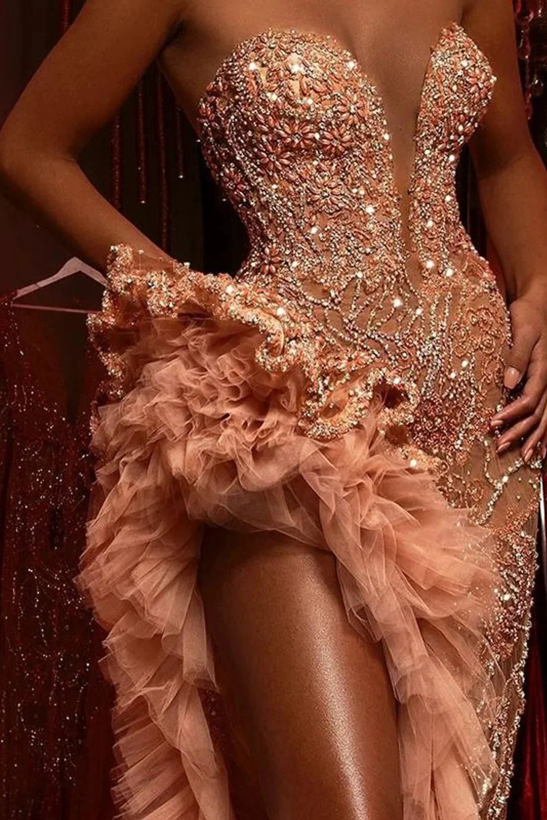 Gorgeous Long Mermaid Beading Sleeveless Front Split Prom Dress With Ruffles - Image 2