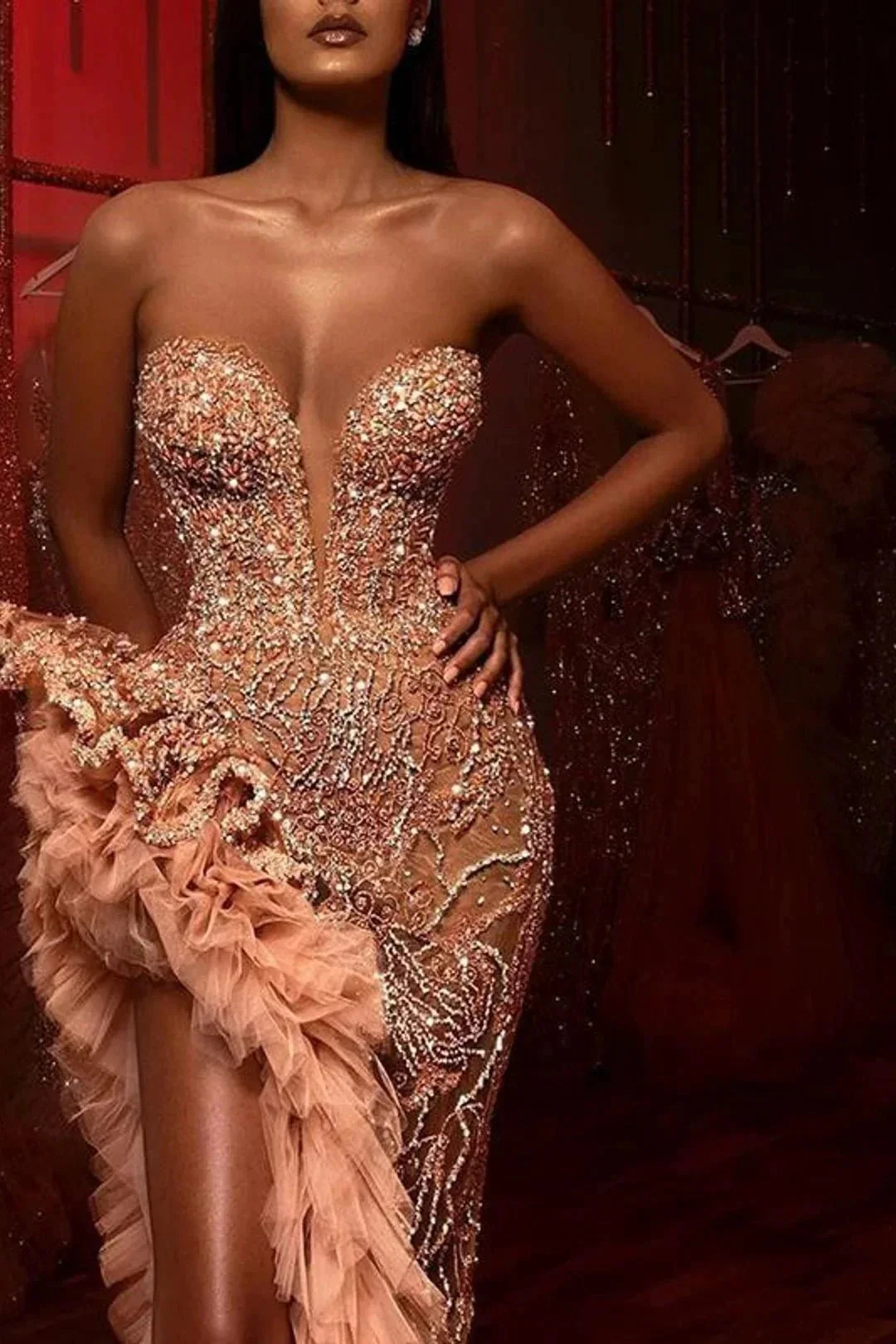 Gorgeous Long Mermaid Beading Sleeveless Front Split Prom Dress With Ruffles - Image 3