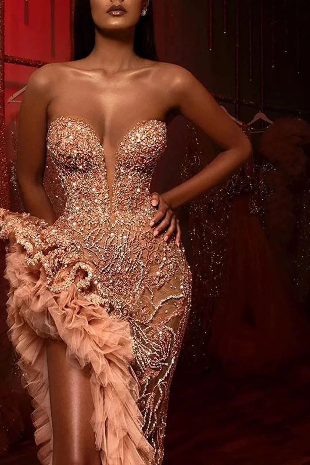 Gorgeous Long Mermaid Beading Sleeveless Split Prom Dress With Ruffles - Image 2