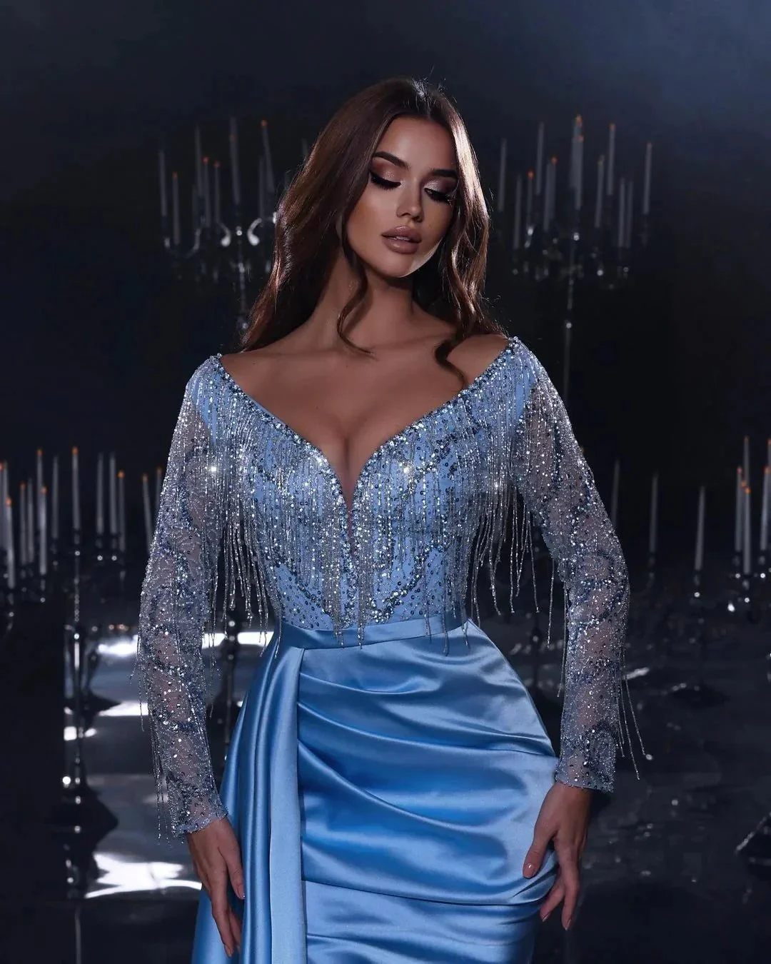 Gorgeous Long Mermaid Blue V-neck Sequined Beading Split Prom Dress With Long Sleeves - Image 2