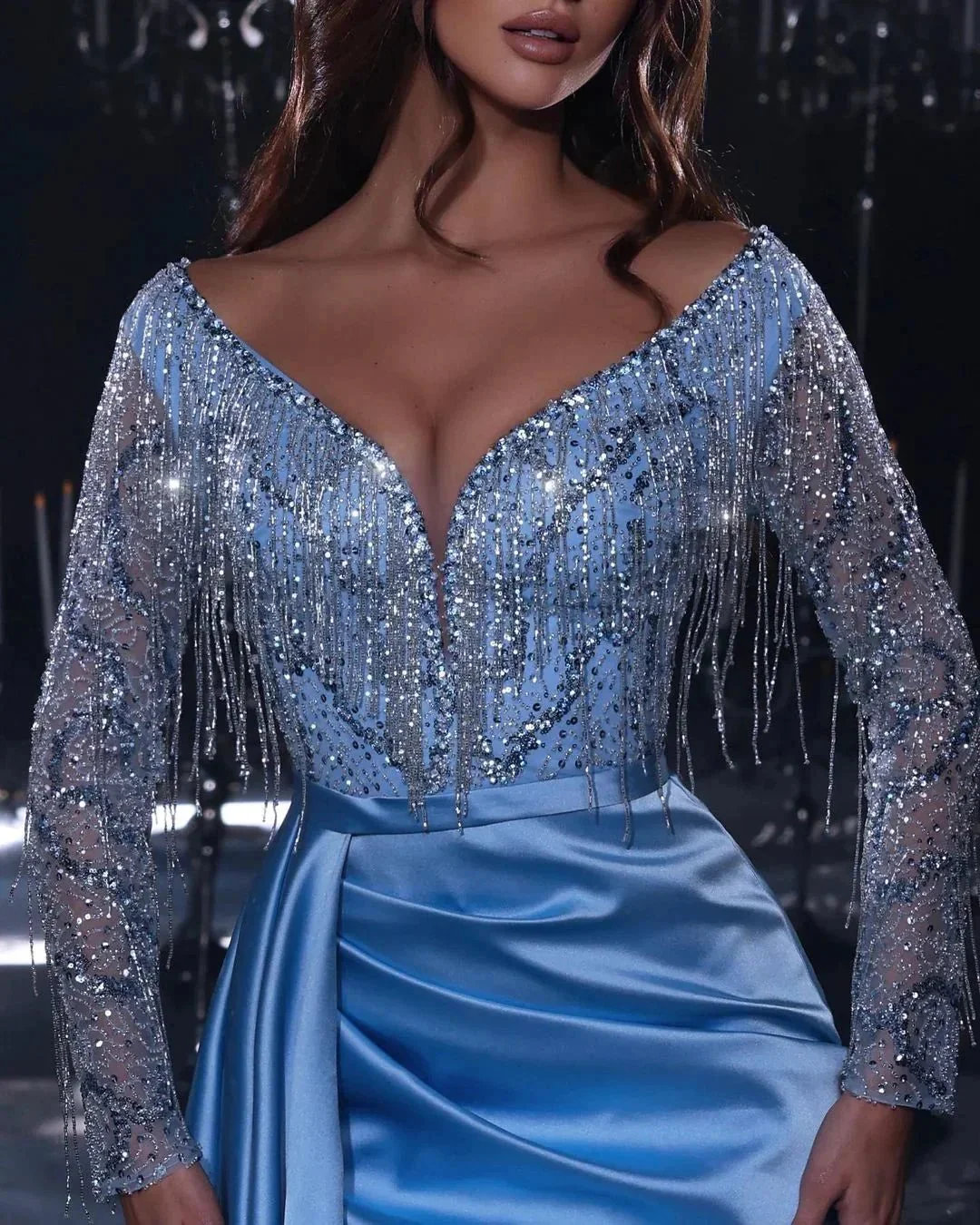 Gorgeous Long Mermaid Blue V-neck Sequined Beading Split Prom Dress With Long Sleeves - Image 3