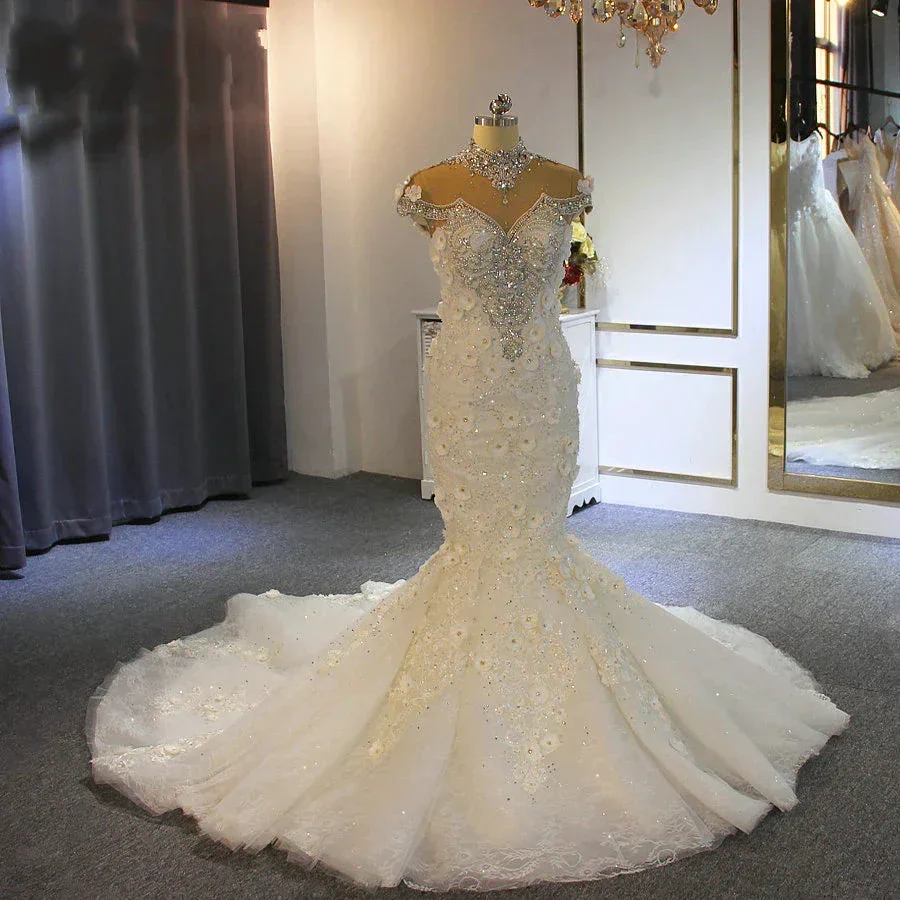 Gorgeous Long Mermaid High Neck Appliques Lace Crystal Tulle Wedding Dress - Image 2