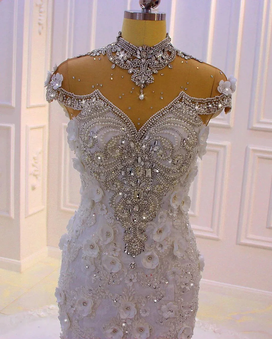 Gorgeous Long Mermaid High Neck Appliques Lace Crystal Tulle Wedding Dress - Image 3