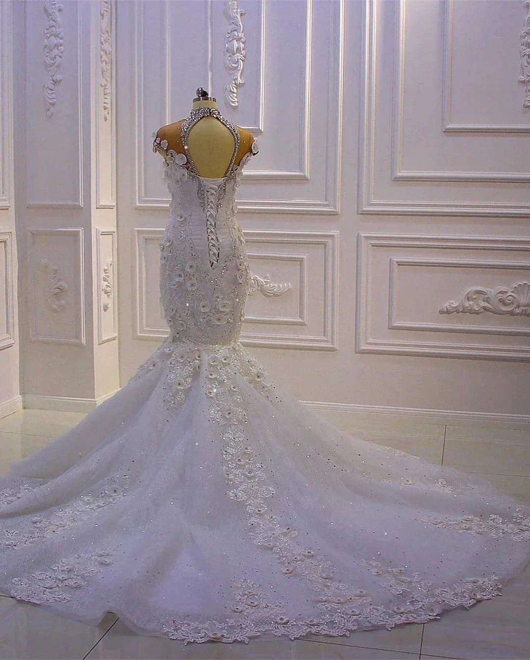 Gorgeous Long Mermaid High Neck Appliques Lace Crystal Tulle Wedding Dress - Image 5