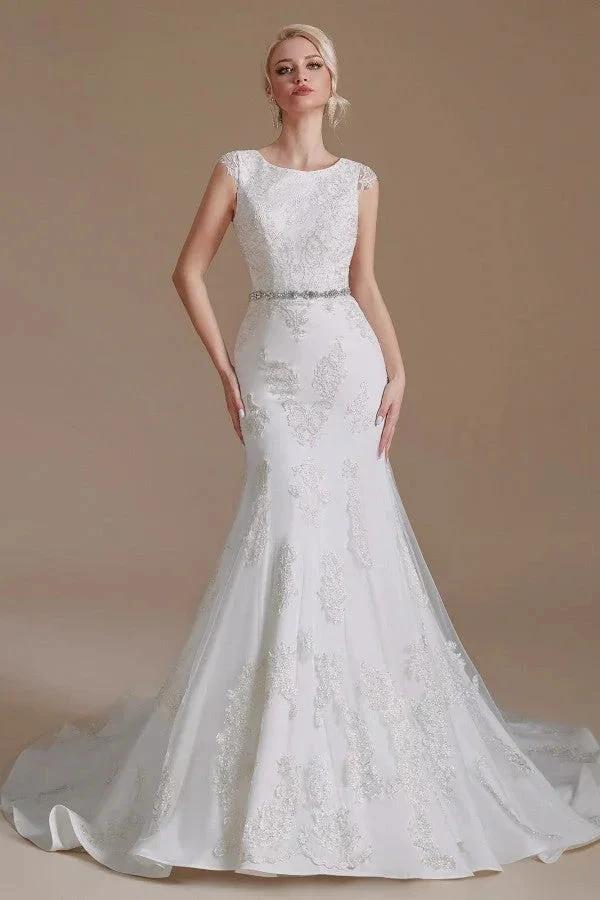 Gorgeous Long Mermaid Jewel Tulle Lace Wedding Dress - Image 3