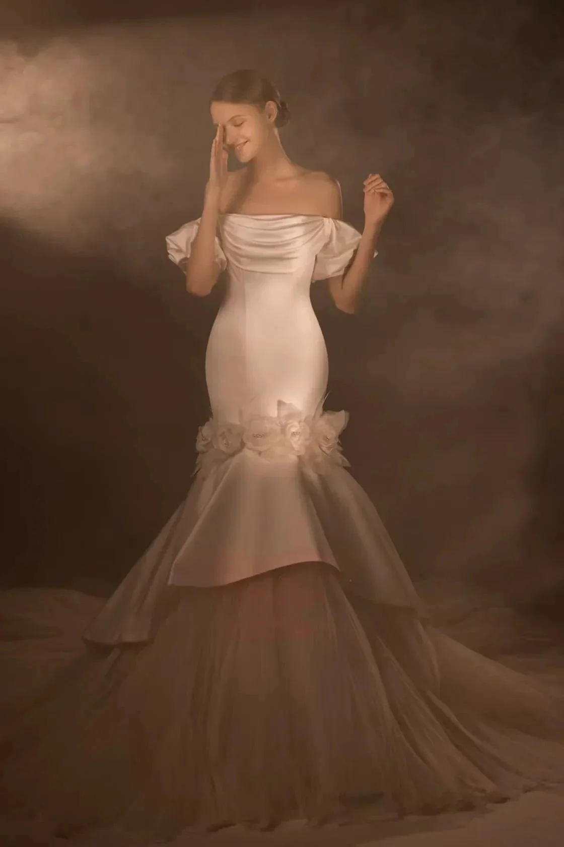 Gorgeous Long Mermaid Off-the-Shoulder Puff Sleeve Satin Wedding Dress with 3D Flower & Lace-Up Back & Tulle Train Q6012 - Image 2