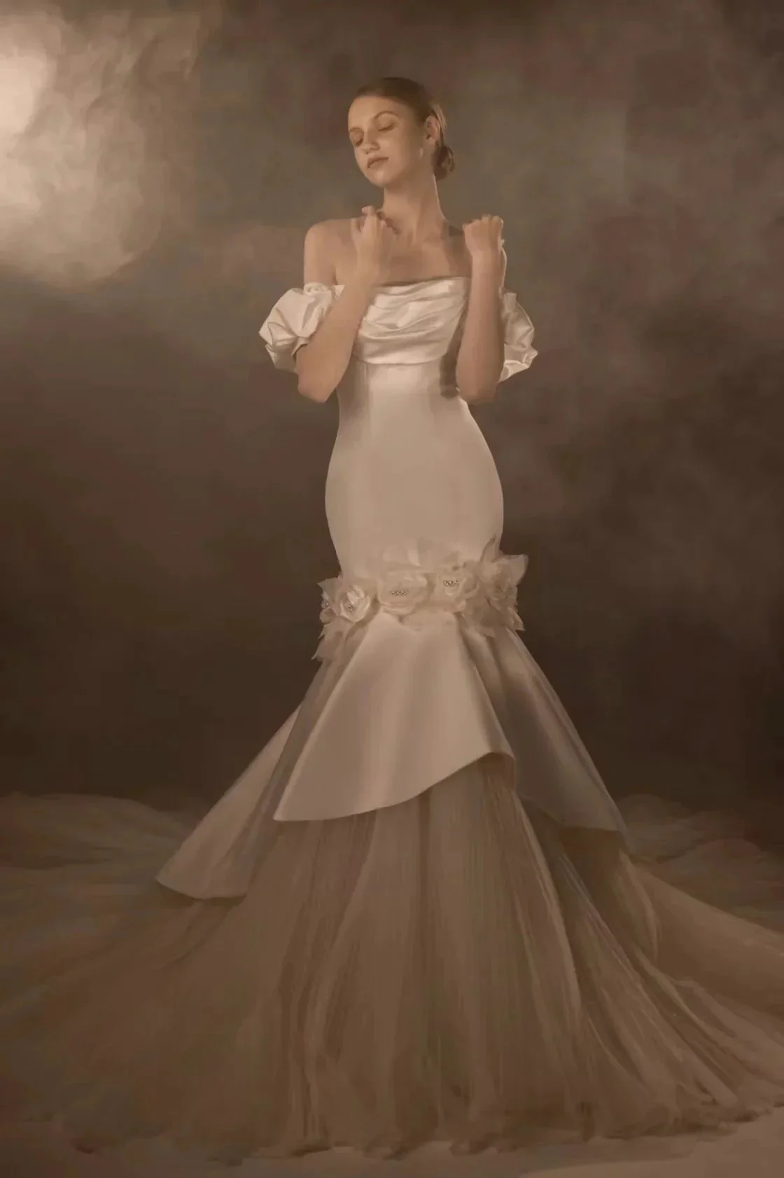 Gorgeous Long Mermaid Off-the-Shoulder Puff Sleeve Satin Wedding Dress with 3D Flower & Lace-Up Back & Tulle Train Q6012 - Image 3