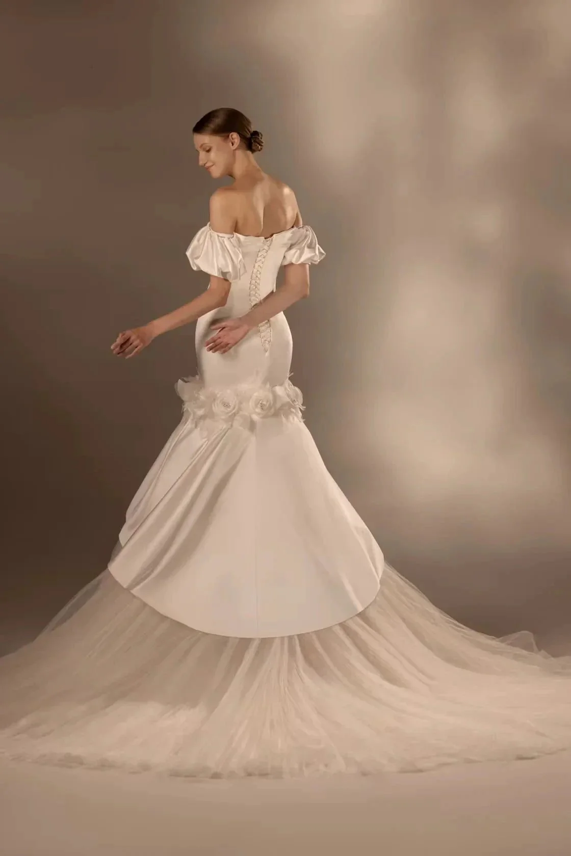Gorgeous Long Mermaid Off-the-Shoulder Puff Sleeve Satin Wedding Dress with 3D Flower & Lace-Up Back & Tulle Train Q6012 - Image 4