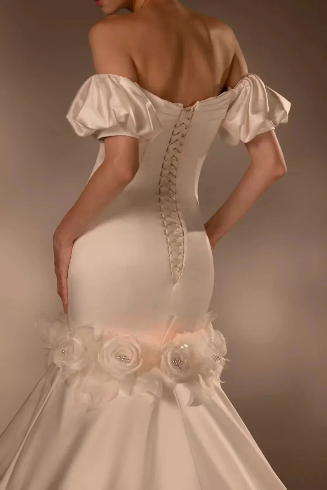 Gorgeous Long Mermaid Off-the-Shoulder Puff Sleeve Satin Wedding Dress with 3D Flower & Lace-Up Back & Tulle Train Q6012 - Image 5