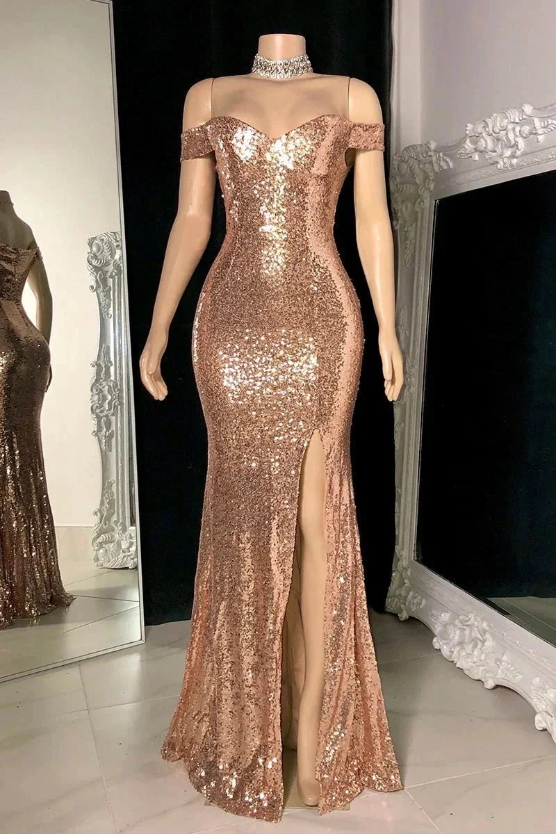 Gorgeous Long Mermaid Off-the-shoulder Sequined Split Prom Dress - Image 2