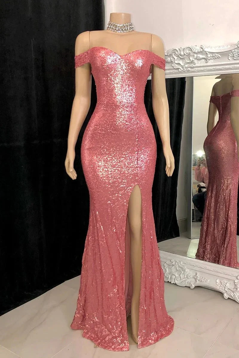 Gorgeous Long Mermaid Off-the-shoulder Sequined Split Prom Dress - Image 3