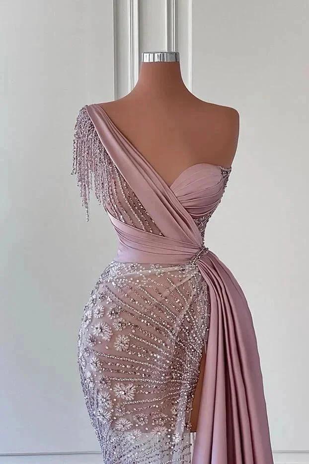 Gorgeous Long Mermaid One Shoulder Beading Sleeveless Prom Dress With Lace - Image 2