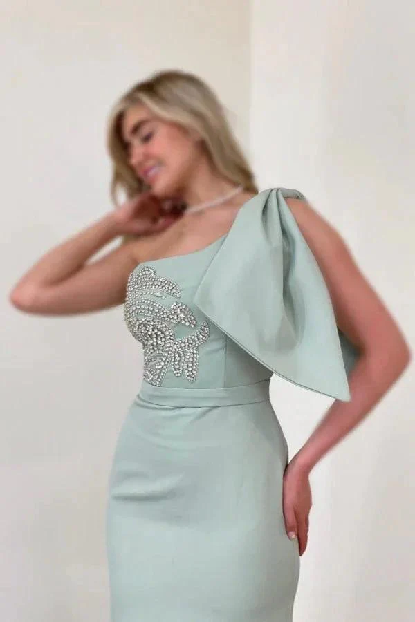 Gorgeous Long Mermaid One Shoulder Satin Rhinestones Sleeveless Prom Dress - Image 3