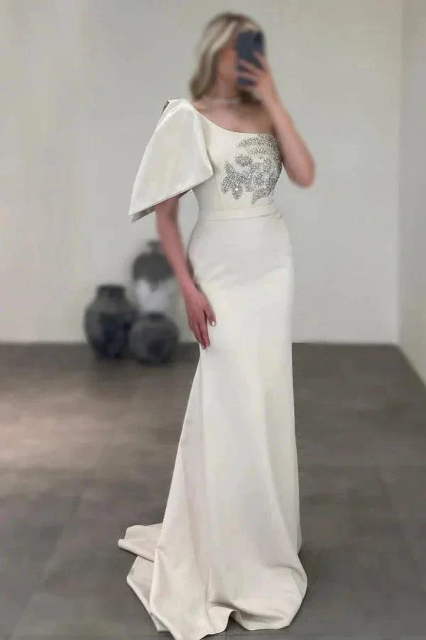 Gorgeous Long Mermaid One Shoulder Satin Rhinestones Sleeveless Prom Dress - Image 4
