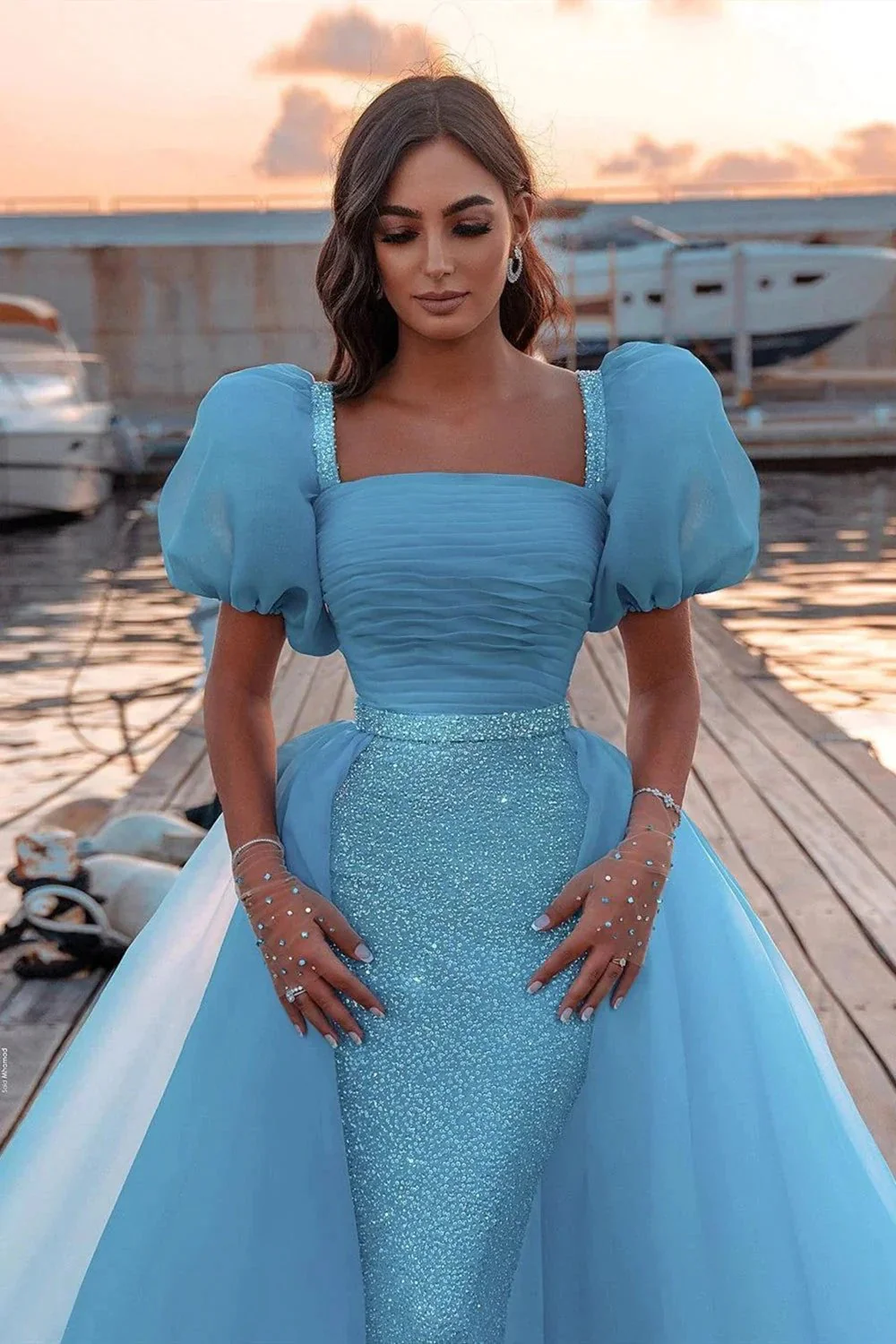Gorgeous Long Mermaid Puffy Sleeves Sequins Prom Dress With Detachable Tulle Train - Image 3